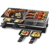 Raclette Table Grill, CUSIMAX Indoor Grill Electric Grill, Portable Korean BBQ Grill with 2 in 1 Reversible Non-stick Plate & Natural Grill Stone, 8 Raclette Pans 8 Wooden Spatulas for Family Fun, 1500W Black