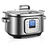 Slow Cooker, HOUSNAT 10 in 1 Programmable Cooker, 6Qt Stainless Steel, Rice Cooker, Yogurt Maker, Delay Start, Steaming Rack and Glass Lid, Adjustable Temp&Time for Slow Cook with Digital Timer