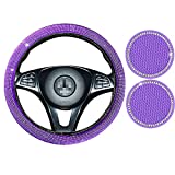 Purple Steering Wheel Cover for Women Girls, 15 inch Stretchy Bling Rhinestone Steering Wheel Covers Cute Car Accessories with 2 Pack Car Coasters for Cup Holders
