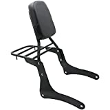 Comfortable Leather Backrest Sissy Bar + Luggage Rack Pad Compatible With Kawasaki Vulcan 900 VN900 1996-2018 (Chrome) (Black)