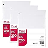 Mead Loose Leaf Paper, 3 Pack, 3 Hole Punch Reinforced Filler Paper, Wide Ruled Paper, 10-1/2" x 8", 200 Sheets per Pack (73183)