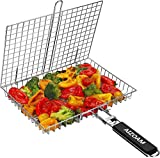 AIZOAM Portable Stainless Steel BBQ Barbecue Grilling Basket for Fish,Vegetables, Shrimp,and Steak and Chicken .Great Useful BBQ Tool.-Bonus Additional Sauce Brush and 50 Natural Bamboo Skewers 