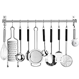 Kitchen Sliding Hooks Stainless Steel Utensil Hanging Rack with 10 Removable S Hooks Wall Mounted Kitchen Rail Organizer for Cooking Utensils BBQ Tools Hanger Bar (Silver)