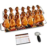 GRISUN Chicken Leg Rack with Drip Pan - 14 Slots Stainless Steel Foldable Non-Stick Chicken Drumstick Rack for Grill or Oven with Scraper and Smoking Guide, Dishwasher Safe