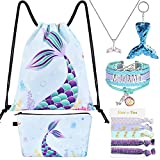 Mermaid Drawstring Backpack - Mermaid Gifts for Girls Birthday Christmas 9 PCS Drawstring Bags Set Including Makeup Zipper Bag Sequin Key-chain Necklace Bracelet Hair Ties