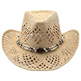 Retro Rodeo Wild Faux Leather Cowboy Hat - Western Cowboy Hat - Men and Women Unisex Cowboy Hats, Hollow Straw Beaded - Light Brown