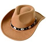 Lanzom Women Men Felt Wide Brim Western Cowboy Hats Belt Buckle Panama Hat (Camel, Medium)