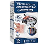 15 Compression Bags for Travel, Roll Up Space Saver Bags for Travel, Saves 80% of Storage Space, Travel Compression Bags for Packing & Clothes, No Pump or Vacuum Needed