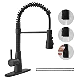 Hoimpro Matte Black Kitchen Faucet with Pull Down Sprayer, Rv Paint Black Spring Kitchen Sink Faucet with Cover Plate, 3 Function High Arc Single Handle Laundry Faucet (1 or 3 Hole)