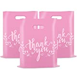 Thank You Merchandise Bags, Retail Shopping Bags for Boutique,Goodie Bags Gift Bags Bulk Die Cut Handle Plastic Bags, 2.36Mil 12x15 Inches (Pink with White Printing, 100pcs)