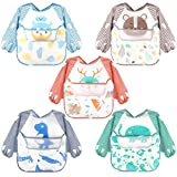 Accmor 5Pcs Baby Long Sleeve Bibs, Baby Toddler Waterproof Bibs with Pocket , Baby Sleeved Bib, Baby Bibs Smocks for Eating Feeding,6-36 Months