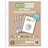 eco-eco A5 100% Recycled Premier Multi Punched Pockets Glass Clear, Transparent Poly Wallet Sheet Protector, 45 Microns (Pack of 100), eco109