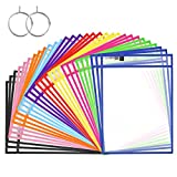 Dry Erase Pockets-Reusable Write and Wipe Pocket with 2 Rings,14.2 x 10 inches,Assorted Colorful Clear Plastic Sheet Protectors-for Teacher School Classroom Supplies,Office Worksheets, 30 Pack,Bulk