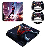 PS4 Slim Skin Sticker for Console and 2 Dual Shock Controllers Full Wrap Vinyl Decal Protective Cover Faceplate for Spider-Man Compatible with Sony Playstation 4 Slim, Black