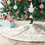 lunaoo 48 Inch Christmas Tree Skirt, Gold Sequin Snowflake Double Layer Tree Ornaments Faux Fur White Christmas Tree Skirt for Xmas Holiday Party Decoration
