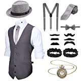SATINIOR 1920s Men's Accessories Clothing Costume Outfit with Vest Fedora Hat Pocket Watch Suspenders Tie for Man (Gray,Large)