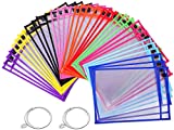 Puroma 35 Pack Dry-Erase Pockets Reusable Plastic Sleeves Assorted Colors Waterproof Pocket with 2 Rings for Classroom, School, Office, Home - Colorful