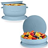 Kangookid Silicone Plate and Suction Bowl with Lid for Baby and Toddler - 2 Pcs Silicone Self Feeding Set for Kids - Unbreakable Suction Baby Dishes (Light Blue)