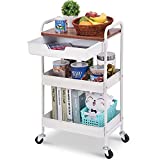 TOOLF 3-Tier Utility Rolling Cart with Wooden Board and Drawer, Metal Storage Cart with Handle, White Trolley Kitchen Organizer Rolling Desk with Locking Wheels for Office, Classroom, Home, Bedroom