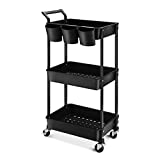 Hamone 3-Tier Utility Rolling Cart,Mobile Utility Cart with Lockable Caster Wheels,Storage Shelves Organizer Cart, 3 Hanging Baskets, Easy Assembly,for Bathroom, Kitchen, Office, Workshop