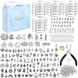 UPINS 544 Pcs Bracelet Earring Making Kit, Expandable Blank Bangles with Charms Tibetan Silver Pendants, Earring Hooks, Earring backs, Jump Rings and Pliers, Jewelry Gift for Girls DIY Craft (Silver)