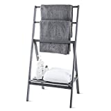 MyGift Freestanding Towel Rack, 43-Inch Rustic Wood Bathroom Folding Towel Stand with Bottom Storage Shelf, Dark Gray