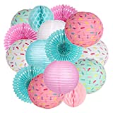 Donut Birthday Party Decorations Hanging Donut Paper Lanterns Paper Fan Honeycomb Ball Baby Shower Ice Cream Party(Donut-Blue and Pink 15 Pieces)