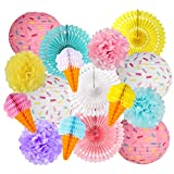 Donut Party Decorations, Donut Birthday Party Supplies, Hanging Donut Paper Lanterns Party Fans Pom Poms Flowers for Baby Shower Two Sweet Birthday Party Ice Cream Party