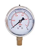 Pressure Gauge,Liquid Filled,2 1/2" face Dia,0-15 psi/bar/kpa,1/4" NPT Lower Mount, Polycarbonate Lens Window, Stainless Steel case