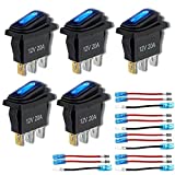 12v Rocker Switch Waterproof 5 PCS - 12 Volt Toggle Switch with 3 20cm Detachable Wires, SPST 3 Pin On Off Switches Snap-in Design Square Switch with Blue LED Light for Car Boat Marine RV Truck KCD3