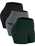 CADMUS Women's High Waist Yoga Shorts Spandex Running Side Pockets,3 Pack,16#,Grey & Black & Dark Green,Large