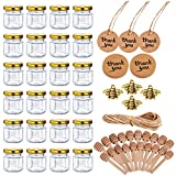 [24 PACK] 1.5oz Mini Honey Jars Party Favors - Small Honey Jars w/ Dippers, Gold Lids, Gold Bee Charms, Thank-You Tags & Jute Twine. Cute Takehome Gifts in Bulk for Guests in Baby Shower (Neutral), Birthday, Wedding & Parties (Classical-24 w/ Bee Charms)