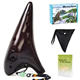 Ocarina,12 Tones Alto C Ceramic Ocarina Musical Instrument with Song Book Neck String Neck Cord Carry Bag Good Gift for Children Adults Beginners (Brown)