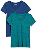 Amazon Essentials Women's Tech Stretch Short-Sleeve V-Neck T-Shirt, Pack of 2, Teal Blue/Navy, Space Dye, Medium