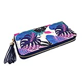 Lovely Plant Floral Leaf Print Zip Around Wallet - Cute Pattern Zipper Clutch Purse Card & Phone Slots Paisley Flower, Cactus, Tropical (Long Zip Around - Feather Leaf)