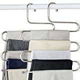 devesanter Pants Hangers Non-Slip S-Shape Trousers Hangers Stainless Steel Clothes Hangers Closet Storage Organizer for Pants Jeans Scarf (4 Pack with 10 Clips)