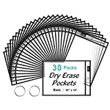 SUNEE 30 Packs Oversized Reusable Dry Erase Pocket Sleeves with 2 Rings, Black 10x14 Ticket Holders, Clear Plastic Sheet Protectors, Teacher School Classroom Supplies