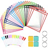 INFUN Dry Erase Pockets - 30 PackOversized Reusable Dry Erase Sleeves, Multicolored Dry Erase Pocket Sleeves with 30 Markers 4 Eraser 3 Metal Rings for Classroom Organization & Teaching Supplies