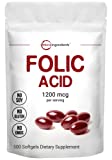 Folic Acid 1200mcg, 500 Softgels (500 Days Supply), Premium Folic Acid Vitamin B9 with Sunflower Seed Oil for Better Absorption, Supports Heart Health and Prenatal Development, Easy to Swallow