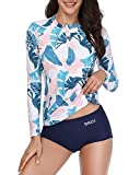 Daci Women Pink Blue 2 Piece Rash Guard Long Sleeve Zipper Bathing Suit with Bottom Built in Bra Swimsuit UPF 50 S