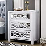 Knocbel Wooden Storage Cabinet with 3 Mirrored Drawers and Silver Metal Handles, Bedroom Chest of Drawer Nightstand Bedside Table, Fully Assembled, 26" L x 12.2" W x 28" H (Antique White)