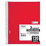 Mead Spiral Notebook, 3 Subject, College Ruled Paper, 120 Sheets, 11" x 8", Color Selected For You, 1 Count (06710)