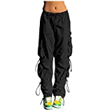 Yesunpxs Women's Mid Waist Cargo Pant Elastic Waist Ruched Hiking Pants Multiple Pockets Hippie Cargo Pant Lounge Pants (Black, M)