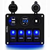 KEING 4 Gang 12V-24V DC Rocker Switch Panel Waterproof LED Circuit Breaker with Dual USB Charger & Digital Voltmeter & 12V Flush Car Charger Adapter Socket Widely Fits For Cars, Marine Boats, RVs, Etc