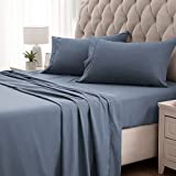 SLEEP ZONE Super Soft Cooling Queen Bed Sheets Set 4 Piece - Easy Care Fitted Flat Sheet & Pillowcase Sets - Wrinkle Free, Fade Resistant, Deep Pocket 16" (Flint Blue, Queen)