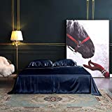 THXSILK 4pcs Silk Bed Sheets Set, 100% Long Stranded 25 Momme Mulberry Silk Bedding Set, Sheets and Pillowcase Set, Extremely Soft and Luxurious (Navy Blue, King)