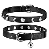 Leather Cat Collars Bell ,Cats Safety Collar with Elastic Strap, Adjustable Kitty Collar for Cats, Personalized Moon & Rhinestone 7-10 Inch Length for Cats, Kitten & Puppy (1 Pack Black)