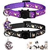 2PCS Breakaway Cats Collars with Bell Moons Stars Adjustable Kitten Collars with Pendant Glow in The Dark (Purple+Black)