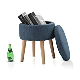 PHI VILLA Storage Ottoman,Blue Round Ottoman with Storage Box and Removable Lid, Upholstered Decorative Wooden Legs Ottoman Footrest/Footstool for Living Room,Bedroom and Kids Room,Linen,Blue