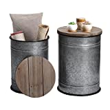 Farmhouse Accent Side Table, Rustic Storage Ottoman Seat Stool, Galvanized Antique Metal End Table Box Bin with Round Wood Lid, Coffee or Cocktail Table, Nesting Pieces Two (Pure Galvanized)